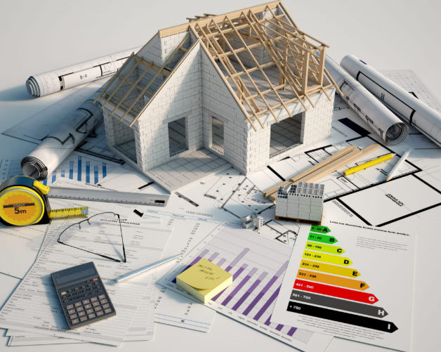 Maquette de maison en construction avec plans, étiquette énergétique et matériel professionnel