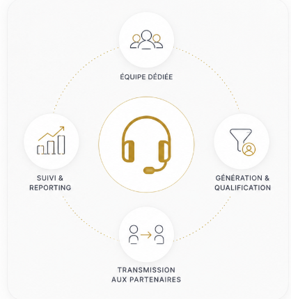 Cycle du plateau de téléprospection : équipe dédiée, génération et qualification, transmission aux partenaires, suivi et reporting